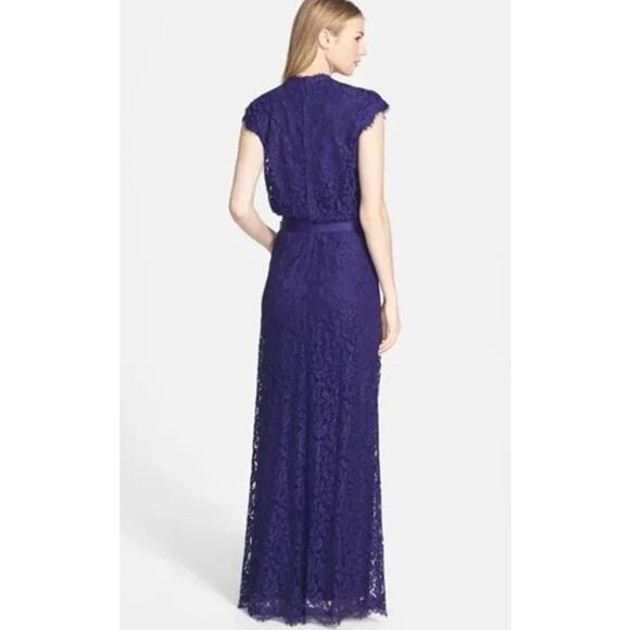 Tadashi Shoji Cap Sleeve Lined Ribbon Tie Sash Lace Long Gown Blue Womens Size 6 - Picture 2 of 11